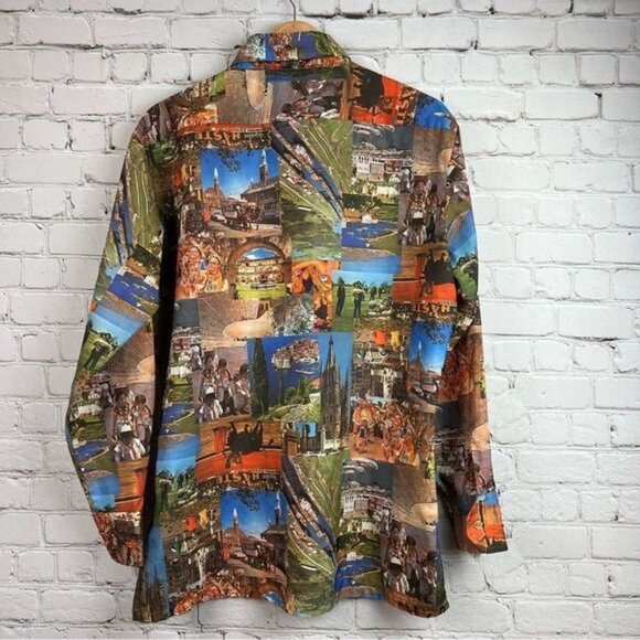 Vintage 70’s Trafalgar Travel Photo Mosaic Print Dagger Collar Disco Club Shirt - Picture 3 of 12